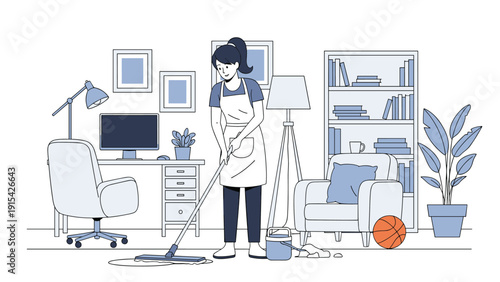 Diligent woman wearing an apron and cleaning the floor of a modern home office with a mop in a tidy living environment.