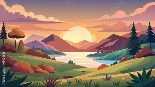 Vector landscape illustration with sunset over mountains and lake