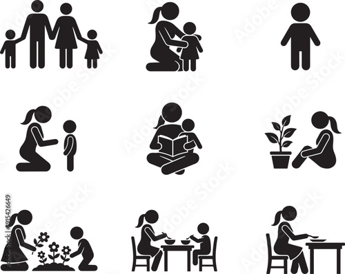 Mother and child family silhouette icons set, parenting care education activities isolated on white background illustration