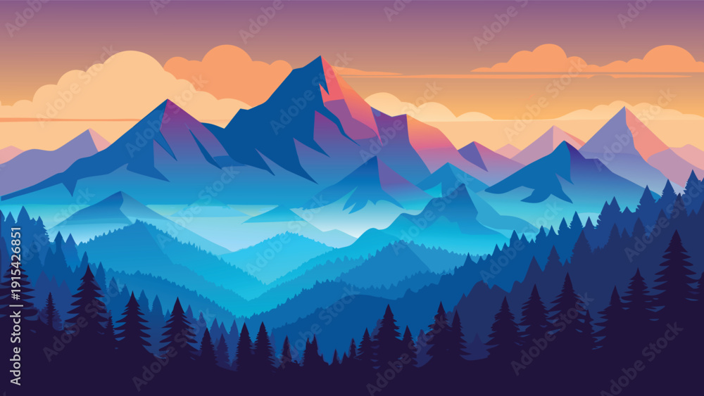 Obraz premium Mountain landscape vector illustration with sunset
