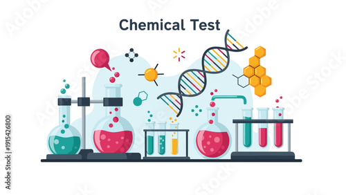 Chemical test concept with laboratory equipment like flasks, test tubes, DNA helix, and colorful liquid solutions for scientific research.