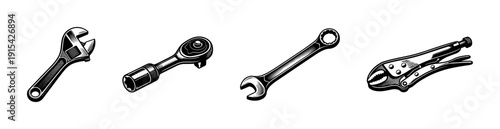 Tool flat vector icons set. wrench, ratchet, pliers, spanner illustrations for diy projects