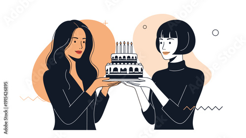 Two beautiful women celebrating a birthday by holding a multi-tiered cake with lit candles in a stylish line art illustration style.