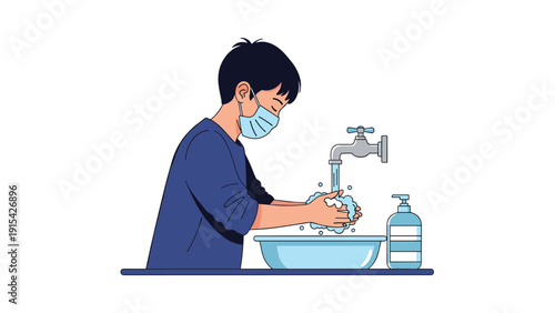 Young boy wearing a medical face mask washing his hands with soap and water at a sink for hygiene and virus prevention concept.