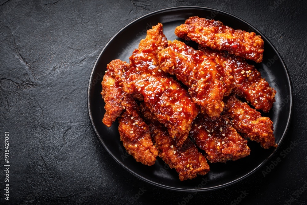 Fototapeta premium Delicious Korean fried chicken tenders (Dakgangjeong) coated in glossy sweet and spicy sticky glaze, garnished with sesame seeds on a dark black plate and stone background.