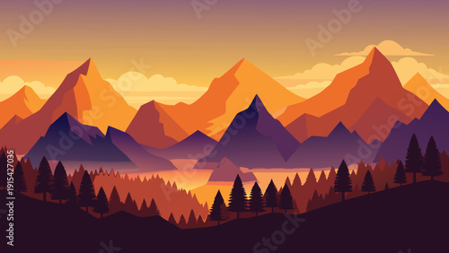 Sunset mountain landscape vector illustration