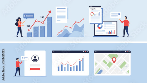 Business data analysis and reporting concept with professional people interacting with various charts, graphs, and digital interfaces.