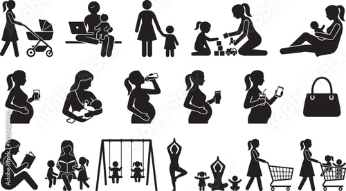 Motherhood journey silhouettes, pregnancy parenting stages with baby care breastfeeding shopping yoga family lifestyle icons set illustration
