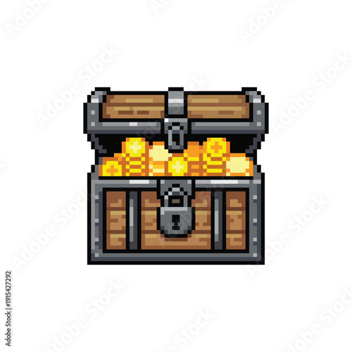 Pixel art wooden treasure chest filled with gold coins vector icon