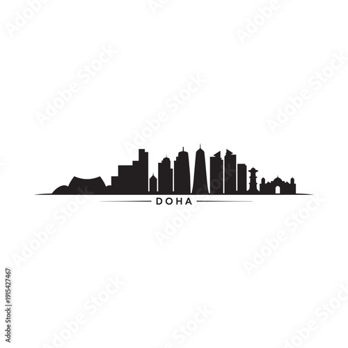 A striking black silhouette depicts the skyline of the city of Doha