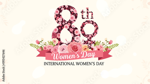 International Women's Day greeting card with the number eight and female symbol decorated with beautiful pink and red roses.