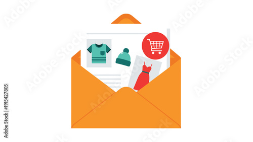 E-commerce marketing email concept with an open orange envelope containing product images and a shopping cart icon.
