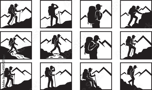 Mountain hiking and trekking silhouette icon set, backpacker adventure outdoor travel nature exploration collection
