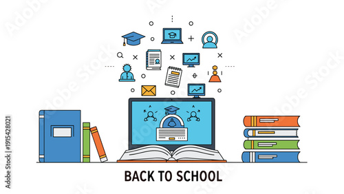 Back to school education concept with laptop, books, and various icons like graduation cap and microscope for digital learning.