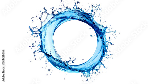 A circular splash of water, forming a dynamic ring with droplets and a transparent core