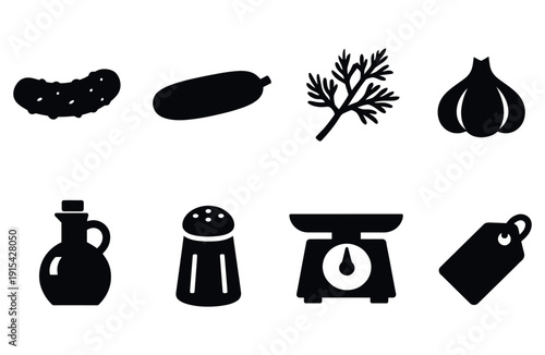 Set of food and kitchen icons: pickle, cucumber, dill, garlic, oil, salt, weight, price tag