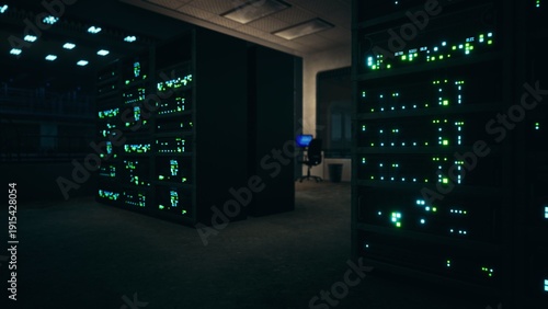 A modern server room is filled with glowing equipment. The dim atmosphere highlights the lights from various servers. A chair sits empty, awaiting the next technician to manage the data.