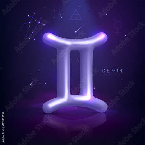 3d metallic magic astrology Gemini zodiac sign and constellation on space background. Vector illustration