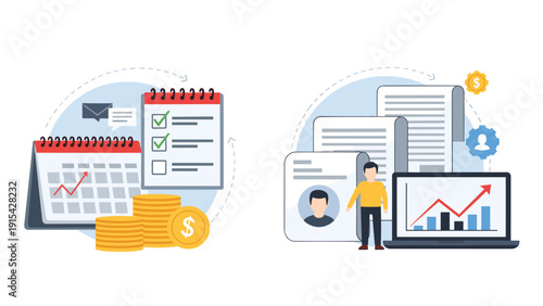Financial planning and management concept with calendar, coins, laptop, and professional analytics for business budget and growth.