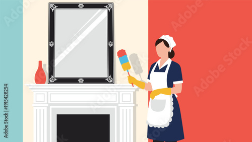 Professional maid in a classic uniform cleaning a living room mantel and large mirror with a colorful feather duster at home.