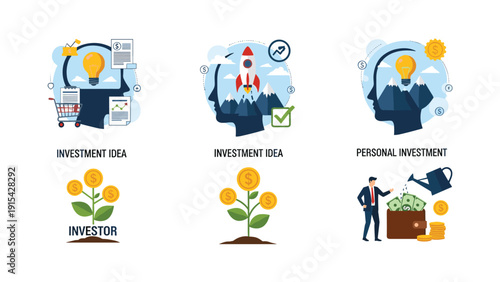 Investment idea and personal finance icons set with mind, rocket, money tree, and wallet for wealth management and business growth.
