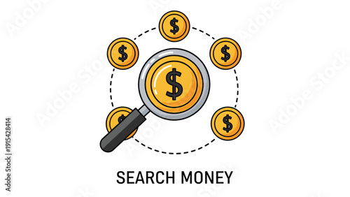 Concept of searching for money and financial auditing featuring a magnifying glass inspecting gold coins with dollar signs.