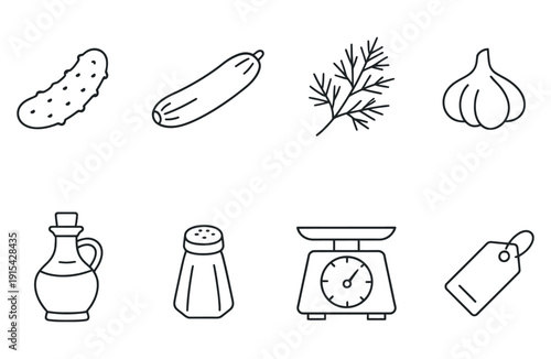 Set of food and kitchen icons: pickle, cucumber, dill, garlic, oil, salt, weight, price tag