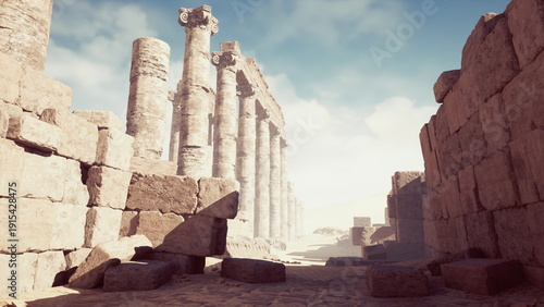 Photos The sun casts a warm glow over ancient stone columns in a deserted site, evoking a sense of wonder about the civilization that once thrived here