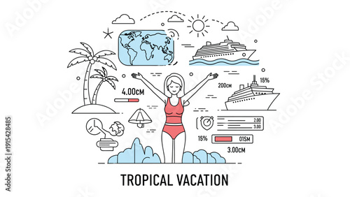 Detailed illustration for a tropical vacation theme showing a woman in a swimsuit surrounded by cruise ships, palm trees, and maps.