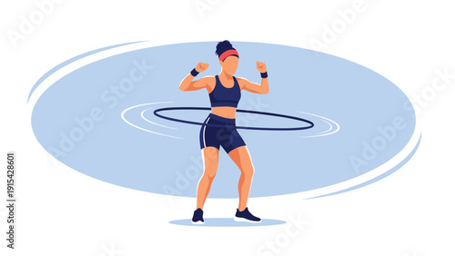 Athletic woman in sporty clothing exercising with a hula hoop on a blue background representing fitness and a healthy lifestyle.
