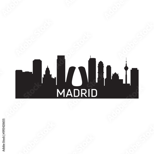 A black silhouette of the madrid skyline with the city name displayed