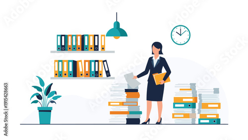 Dedicated businesswoman working in an organized office environment surrounded by numerous folders and stacks of paper documents.
