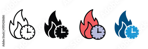 Deadline and urgent time icon vector. Clock with fire flame symbol for limited time offer, fast delivery, project countdown, and rush service set. Vector Illustration.