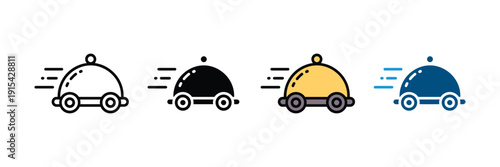 Fast food delivery icon vector. Serving platter on wheels symbol for restaurant service, quick delivery, catering logistics, and express hospitality set. Vector Illustration.