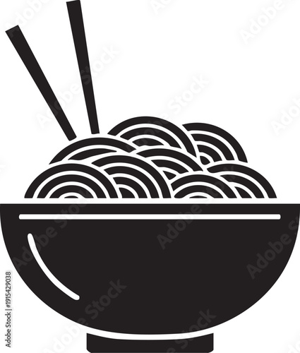 Black silhouette of a bowl of noodles with crossed chopsticks above