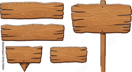 Rustic Wooden Signboard Collection with Blank Timber Planks and Directional Signpost for Western Game UI, Garden Labels, and Rural Information Display Designs