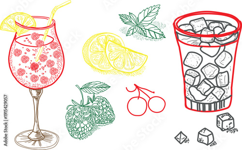 Hand drawn collection of summer beverage ingredients and refreshing drinks featuring a raspberry cocktail in a wine glass next to an iced tumbler with various garnishes like lemon slices mint leaves c