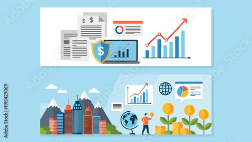Professional business and financial horizontal banners featuring data charts, currency symbols, and a modern city skyline.
