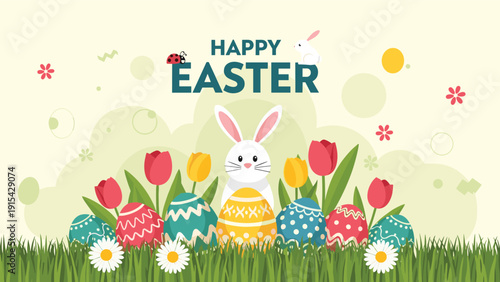 Festive happy easter background with a cute white bunny standing among colorful decorated eggs and blooming tulips in a field.
