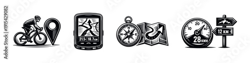 Cycling and navigation icons set. flat vector icons set with compass and gps elements