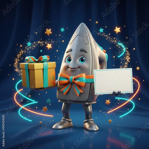 Advertising 3D illustration: an anthropomorphic iron on dark blue fabric background holds a gift box and an empty postcard with space for text. advertising graphics, festive marketing banner, mock up