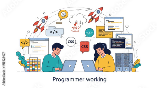 Professional software developers working on laptops surrounded by various programming icons like code snippets and tech symbols.