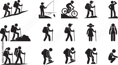 Outdoor adventure silhouette icons set, hiking camping fishing cycling trekking backpacker activities isolated on white background illustration