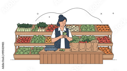 Hardworking female vendor sorting money behind a wooden counter at a local market stall filled with fresh fruits and vegetables.