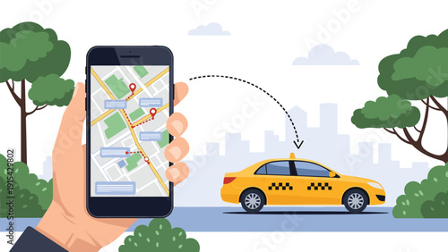 Mobile application concept for hailing a yellow taxi cab using a smartphone with real time GPS navigation and map routing through the city.
