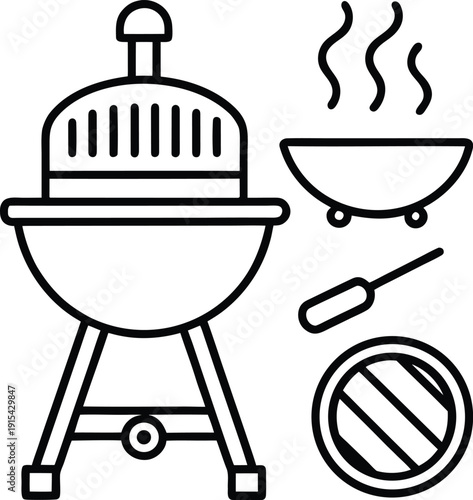 Black and White BBQ Line Art Icons Set