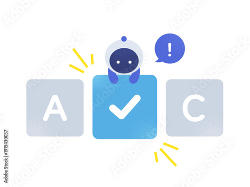 AIが最適解を選定。選択肢からベストな答えを導き出したロボットのベクターイラスト素材。