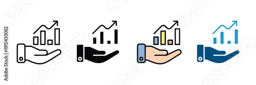 Hand holding growth chart icon vector. Bar graph with rising arrow symbol for business success, financial investment, stock market profit, and economic development set. Vector Illustration.