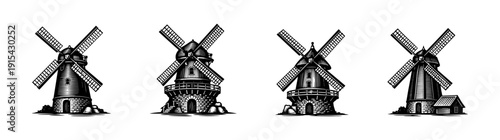 Windmill icon set: flat vector icons of historical mills and vintage windmills
