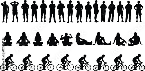 Collection of human silhouettes in various poses including standing men, seated women, and cycling athletes isolated on white background, black vector illustration set